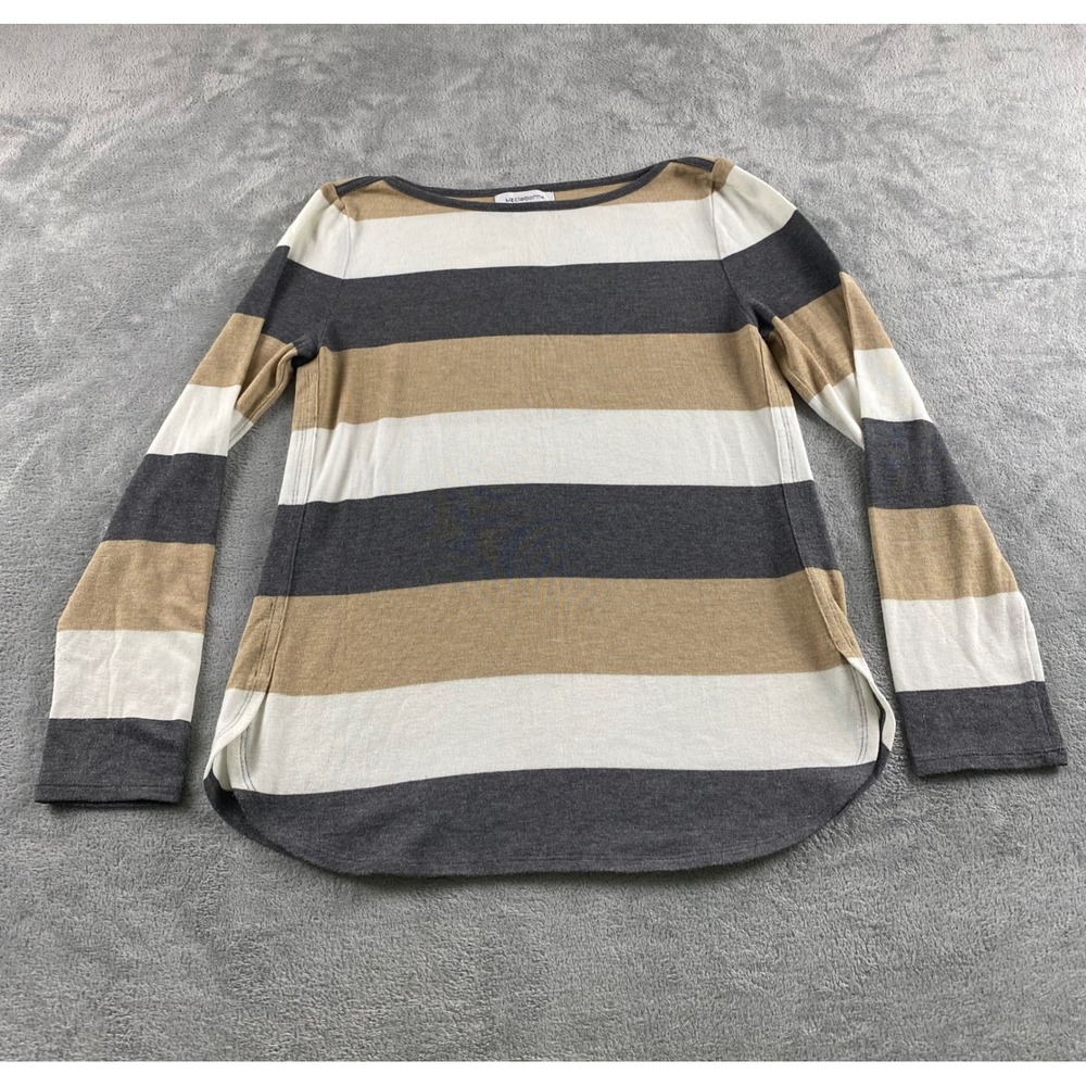 Liz Claiborne Womens Striped Boat Neck Long Sleeve Knit Top Grey Tan Ivory M